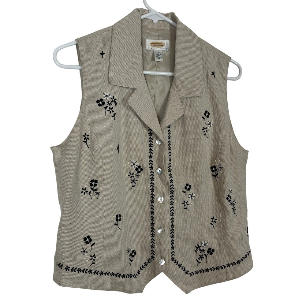 Floral Embroidered Vest Small Petite Linen Blend Minimalist Cottagecore Button